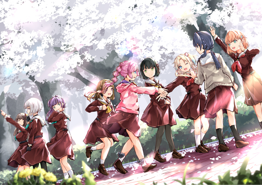 6+girls, absurdres, anyoji_hime, aqua_eyes, aqua_neckerchief, arm_up, black_bow, black_hair