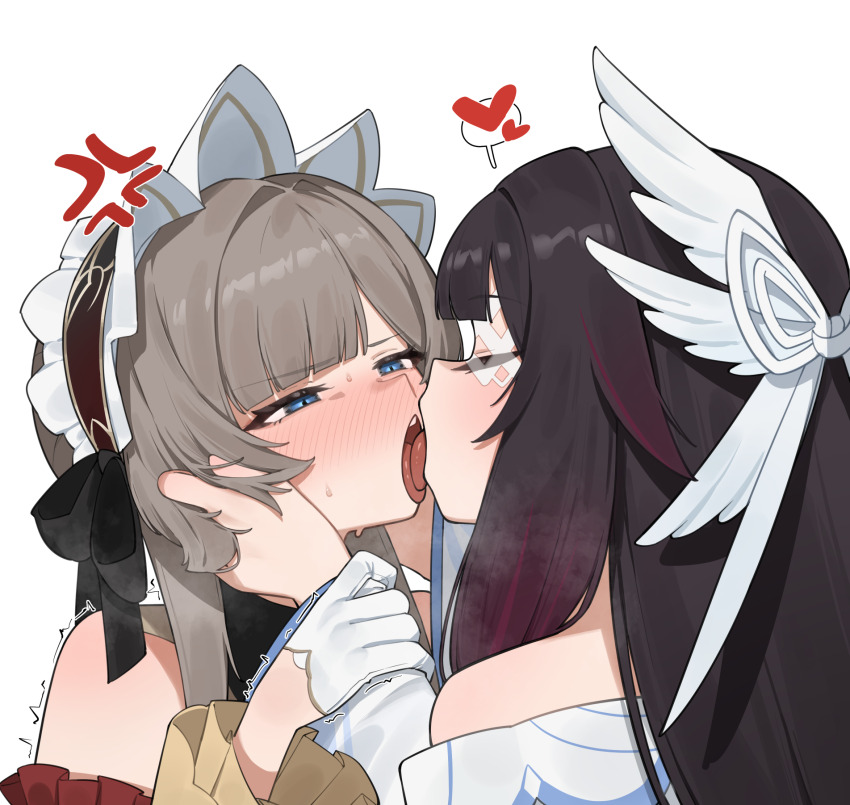 2girls, anger_vein, black_hair, blue_eyes, blush, closed_eyes, columbina_(genshin_impact), commentary_request, eye_mask, flasso, french_kiss, genshin_impact, gloves, grey_hair, head_wings, highres, holding_another's_wrist, kiss, long_hair, mask, multiple_girls, sandrone_(genshin_impact), simple_background, tongue, tongue_out, trembling, upper_body, white_background, white_gloves, white_headdress, white_mask, white_wings, wings, x-shaped_eyewear, yuri