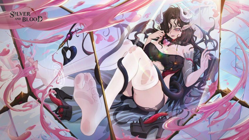 1girl, artist_request, black_hair, black_shoes, black_wings, breasts, character_request, commentary