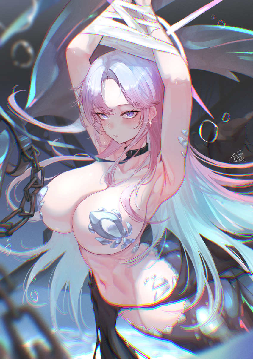 1girl, absurdres, air_bubble, annasui_factory, aqua_hair, armpits, arms_up, artist_name