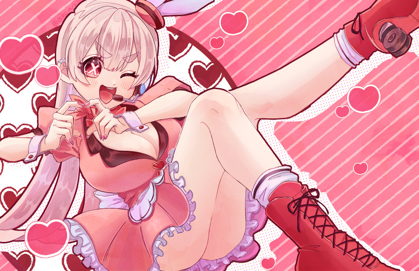 1girl, ;d, bare_arms, bare_legs, blonde_hair, blush, boots, breasts, cleavage, commentary_request, ear_piercing, four-finger_heart_hands, frilled_skirt, frills, gradient_hair, headset, heart, heart_hands, highres, huge_breasts, kimi_no_koto_ga_dai_dai_dai_dai_daisuki_na_100-nin_no_kanojo, long_hair, multicolored_hair, nail_polish, newbie_idol_(hyakkano), oknomyk, one_eye_closed, open_mouth, piercing, pink_hair, pink_nails, pink_skirt, puffy_short_sleeves, puffy_sleeves, red_boots, red_eyes, roller_skates, short_sleeves, skates, skirt, smile, socks, solo, symbol-shaped_pupils, thick_eyebrows, v-shaped_eyebrows, white_socks, wrist_cuffs, x-shaped_pupils