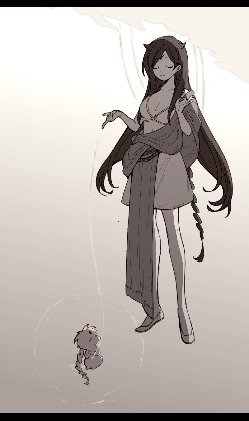 1boy, 1girl, aladdin_(magi), braid, braided_ponytail, breasts, cleavage, closed_eyes