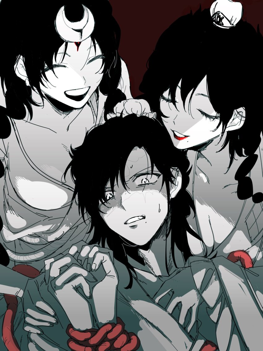 1boy, 2girls, arba_(magi), bound, bound_wrists, braid, closed_eyes, commentary_request