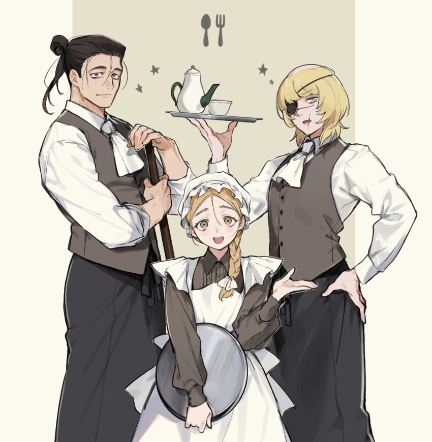 1girl, 2boys, apron, badeni, black_hair, blonde_hair, blue_eyes, braid