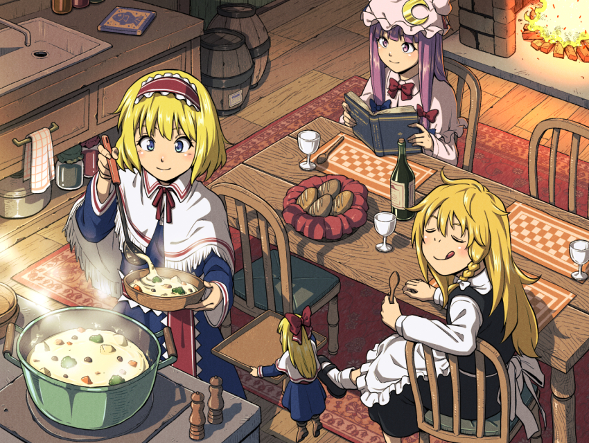 3girls, :q, alice_margatroid, apron, back_bow, barrel, black_shoes, black_skirt