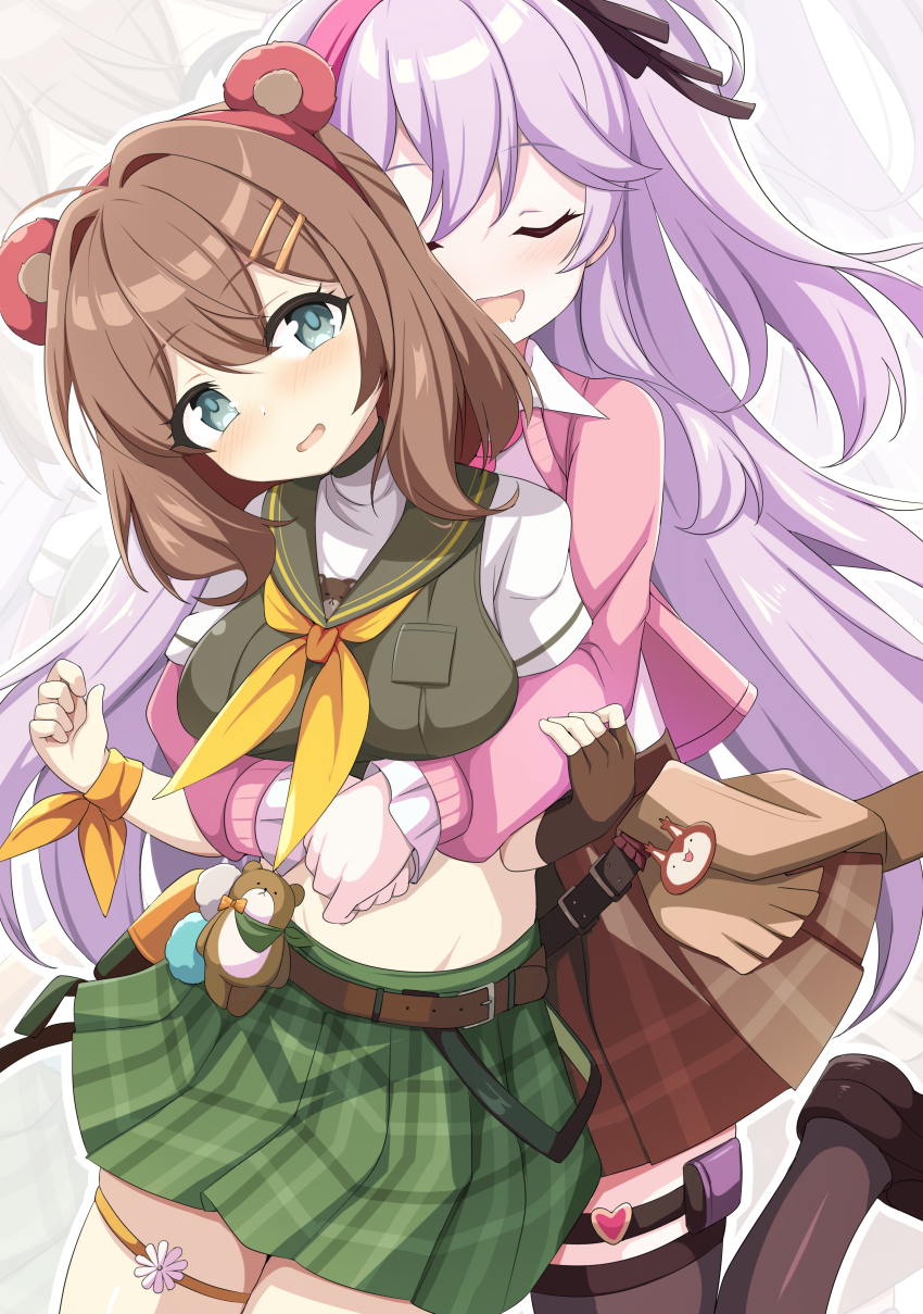 2girls, absurdres, belt, black_gloves, blush, breasts, brown_belt, brown_hair