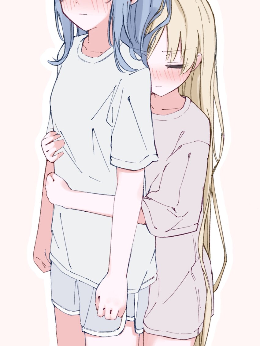 2girls, blonde_hair, blue_hair, blue_shirt, blue_shorts, blush, breasts, closed_eyes, closed_mouth, collarbone, cowboy_shot, dolphin_shorts, embarrassed, eyes_out_of_frame, grey_shirt, grey_shorts, hands_up, head_out_of_frame, height_difference, highres, hug, hug_from_behind, long_hair, mahou_shoujo_no_majo_saiban, multiple_girls, nekobanana_(m23453456), shirt, shorts, simple_background, small_breasts, standing, t-shirt, tachibana_sherry, tono_hanna, very_long_hair, white_background, yuri