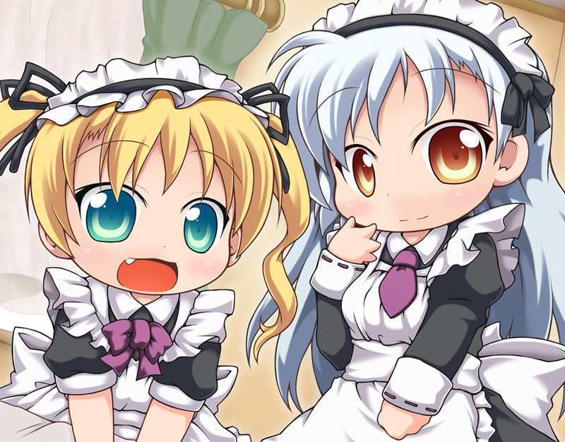 2girls, blonde_hair, blue_eyes, bms_of_fighters, kuroneko_liger, maid, multiple_girls, red_eyes