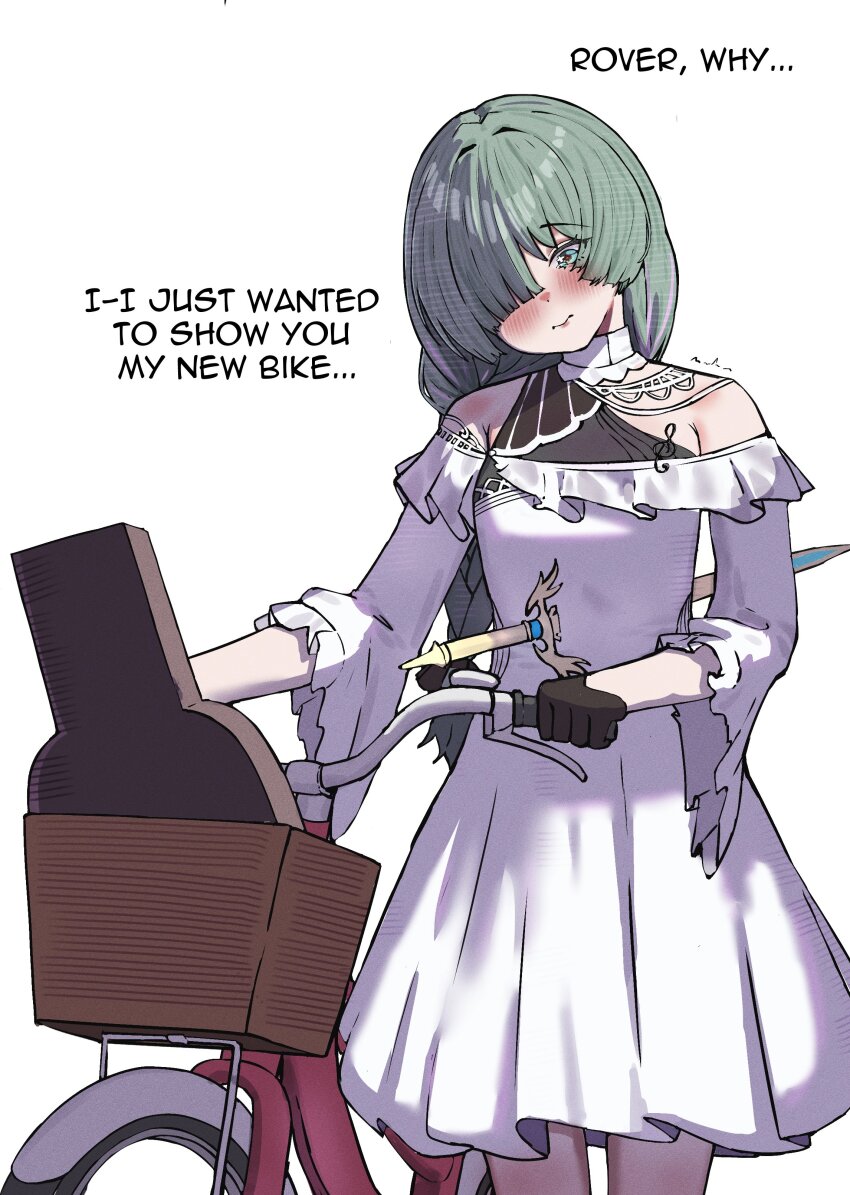1girl, 2na_(blue2na), absurdres, bare_shoulders, bicycle, black_gloves, blush, breasts, closed_mouth, commentary, dress, english_commentary, english_text, gloves, grey_eyes, grey_hair, hair_over_one_eye, highres, impaled, long_hair, looking_down, medium_breasts, multicolored_hair, musical_note_ornament, official_alternate_costume, phrolova_(ostina)_(wuthering_waves), phrolova_(wuthering_waves), sad, simple_background, solo, streaked_hair, sword, weapon, white_background, white_dress, wuthering_waves
