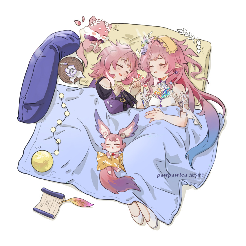 2girls, artist_name, blue_hair, breasts, chimera_(honkai:_star_rail), chinese_commentary, coat, commentary_request, cyrene_(cyrup)_(honkai:_star_rail), cyrene_(demiurge)_(honkai:_star_rail), cyrene_(honkai:_star_rail), cyrene_(philia093)_(honkai:_star_rail), dress, dual_persona, high_heels, highres, holding_hands, honkai:_star_rail, honkai_(series), long_hair, medium_breasts, mem_(honkai:_star_rail), muguachahaohe, multicolored_hair, multiple_girls, pink_hair, pointy_ears, purple_coat, quill, short_hair, simple_background, sleeping, two-tone_hair, under_covers, very_long_hair, white_background, white_dress, white_hair