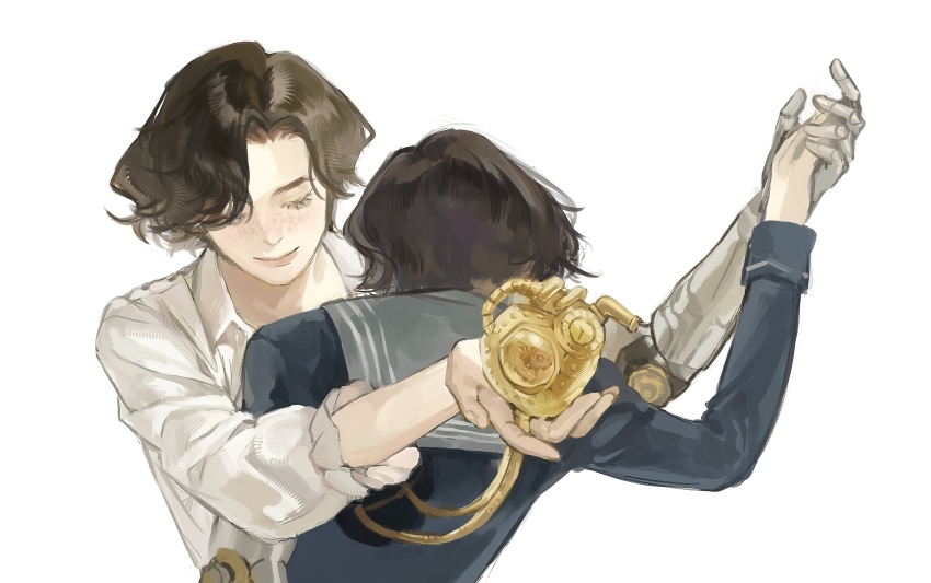 2boys, absurdres, black_hair, brown_hair, closed_eyes, closed_mouth, collared_shirt, commentary, dancing, dual_persona, english_commentary, eyelashes, heart, highres, holding, holding_heart, kuishang666, lies_of_p, male_focus, mechanical_arms, mechanical_heart, multiple_boys, pinocchio_(lies_of_p), prosthesis, prosthetic_arm, shirt, short_hair, simple_background, single_mechanical_arm, smile, white_background, white_shirt