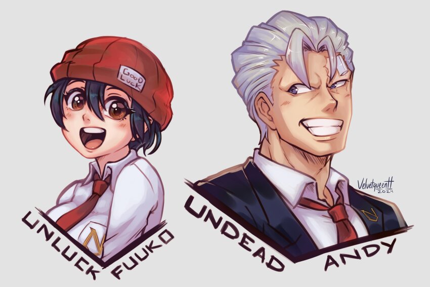 1boy, 1girl, :d, absurdres, adam's_apple, andy_(undead_unluck), beanie, black_hair