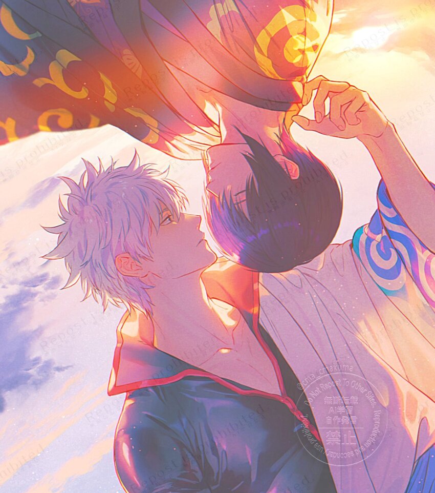 2boys, arm_up, black_haori, black_shirt, closed_eyes, closed_mouth, cloud, cloudy_sky