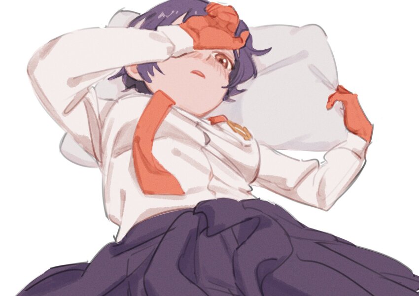 1girl, 74hungry, black_hair, black_pants, blush, clothes_around_waist, gloves, highres, izumo_fuuko, long_sleeves, lying, necktie, on_back, one_eye_covered, pants, pillow, red_eyes, red_gloves, red_necktie, shirt, short_hair, simple_background, undead_unluck, union_emblem_(undead_unluck), white_shirt