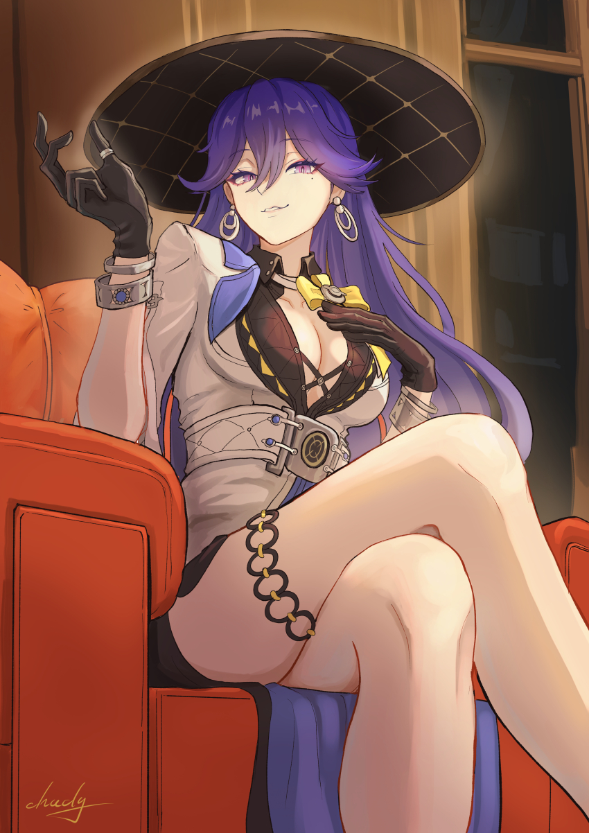 1girl, absurdres, black_gloves, black_hat, breasts, chucky_(chucky1000sun), cleavage, collarbone