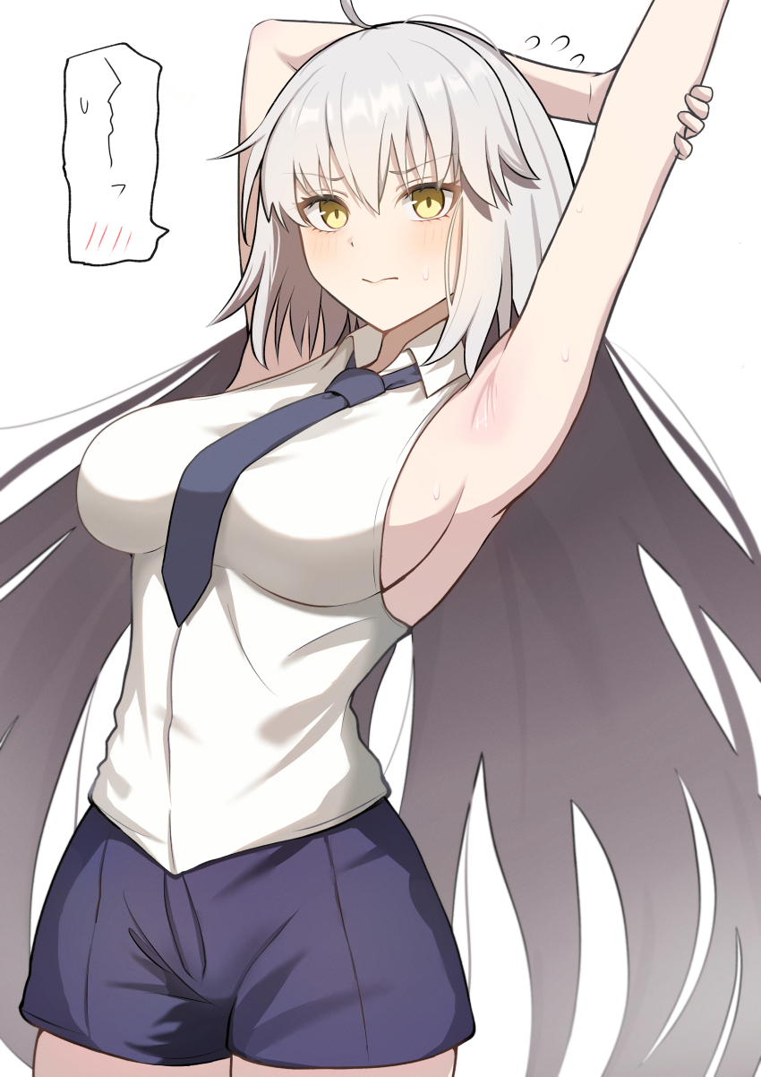 1girl, absurdres, armpits, arms_up, backless_shirt, bare_shoulders, blue_shorts, blush