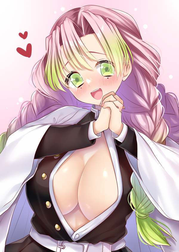 1girl, blush, braid, breasts, center_opening, demon_slayer_uniform, green_eyes, green_hair