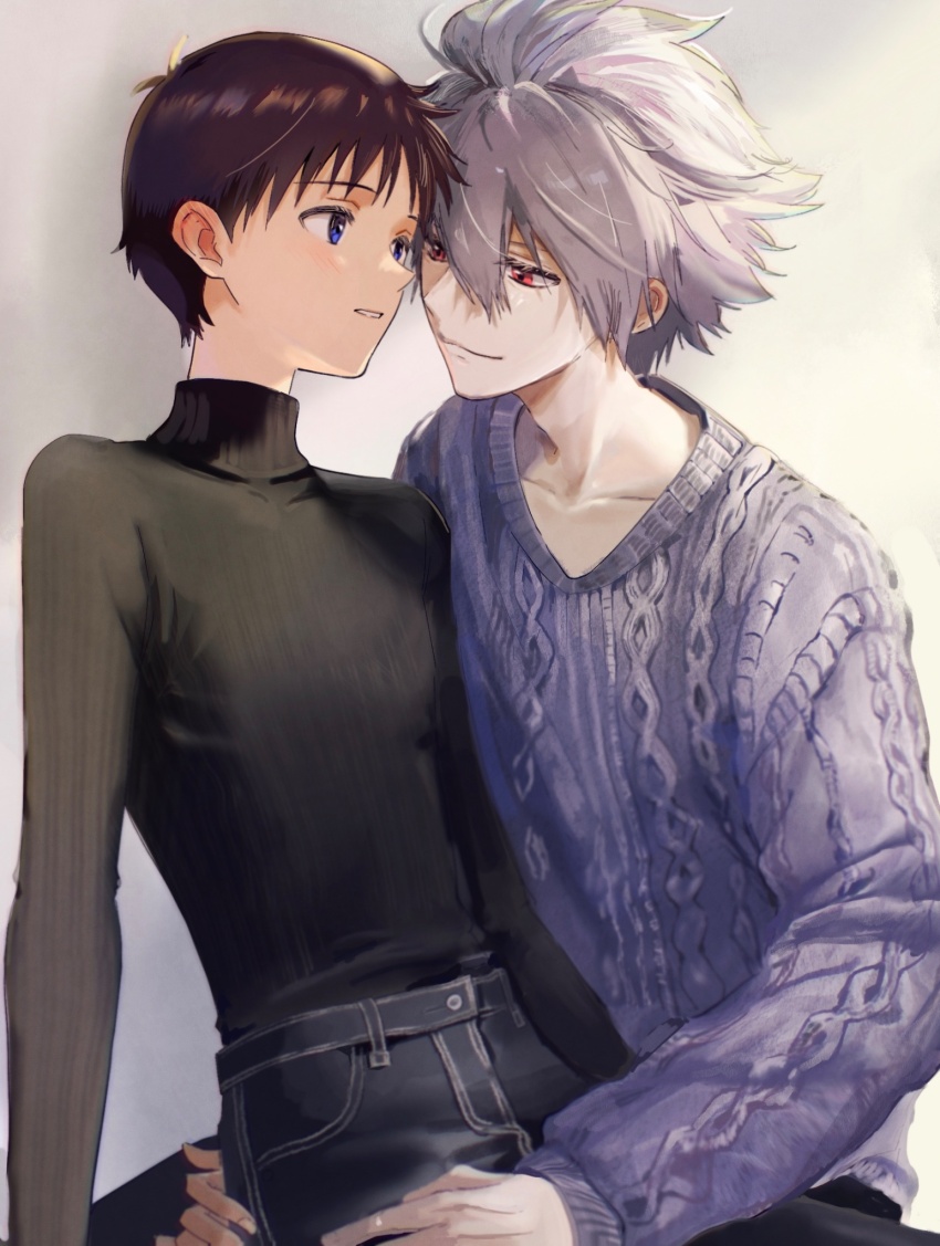 2boys, black_pants, blue_eyes, brown_hair, closed_mouth, commentary, commentary_request, eye_contact