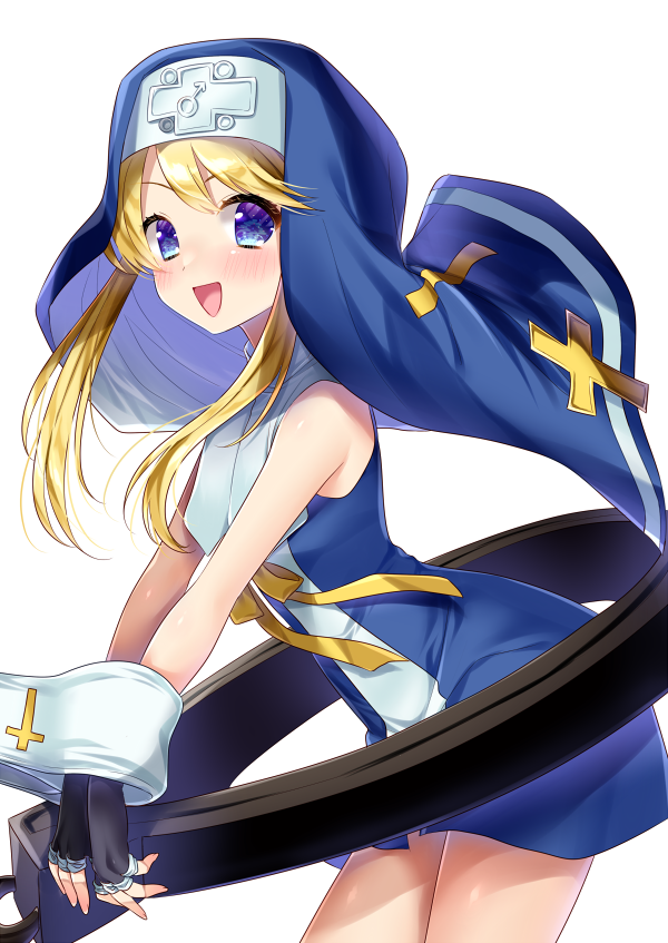1boy, :d, bare_shoulders, belt, black_gloves, blonde_hair, blue_eyes, blue_veil