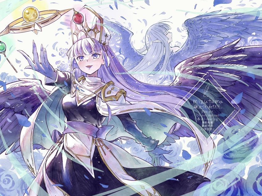 1girl, age_progression, black_wings, breasts, dress, duel_monster, falling_petals, feathered_wings