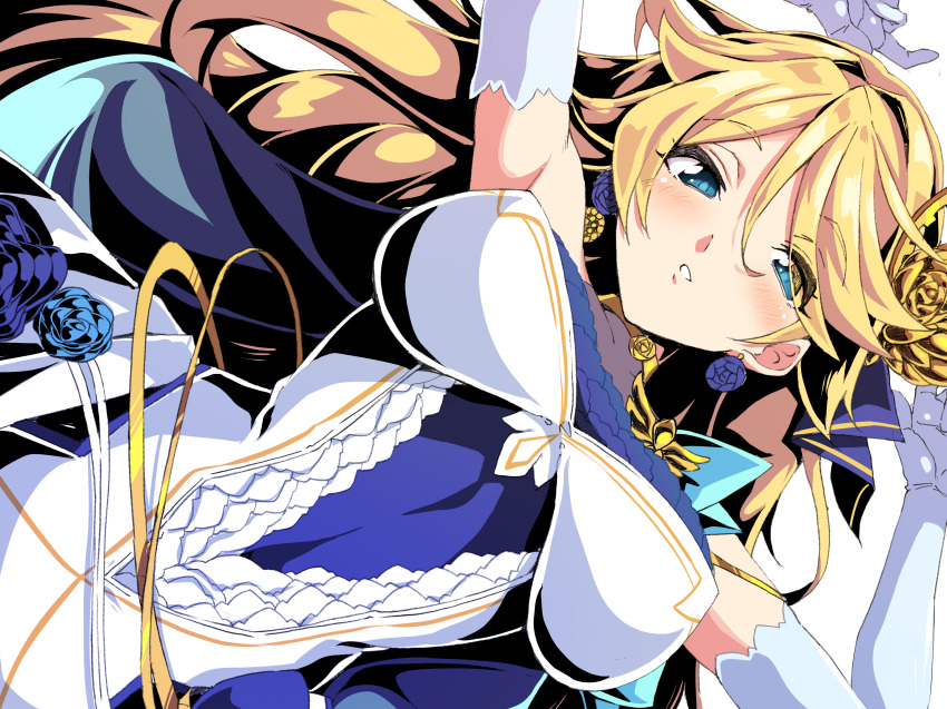 1girl, aqua_eyes, b-kyuu_ocha, blonde_hair, blue_dress, dress, duel_masters, duel_masters_play's