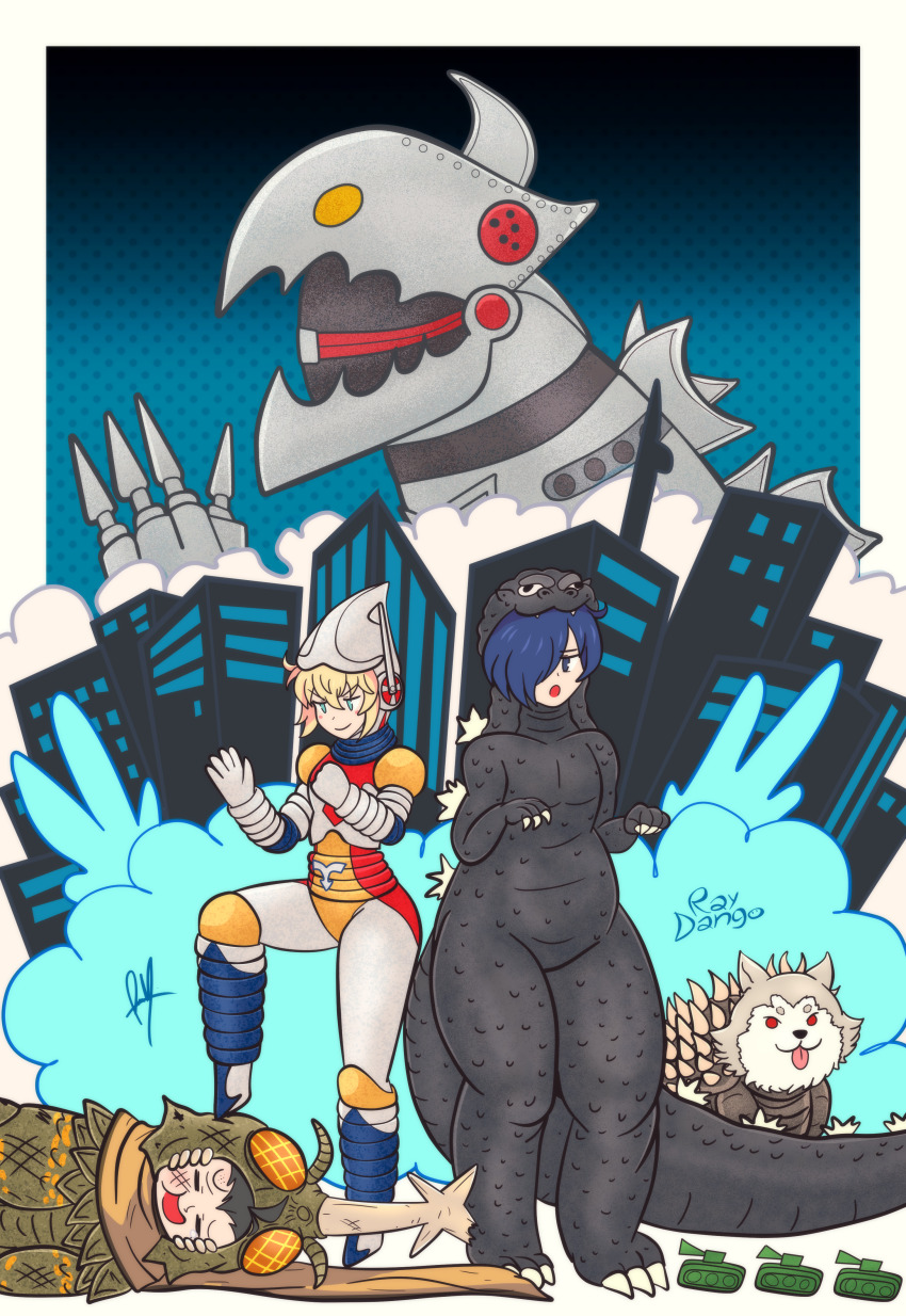 3boys, absurdres, aigis_(persona), anguirus, anguirus_(cosplay), animal, artist_name, black_hair