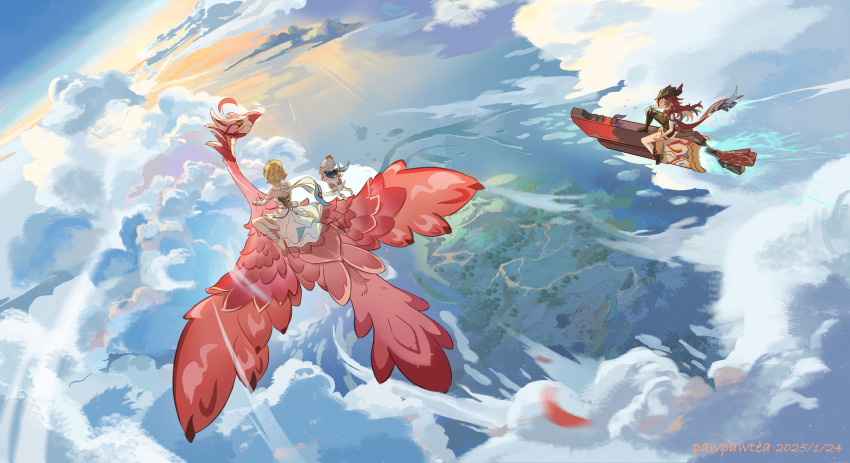 3girls, absurdres, artist_name, asymmetrical_pants, bare_shoulders, black_hat, black_pants, blonde_hair, blue_eyes, boots, chasca_(genshin_impact), cloud, commentary_request, cowboy_hat, dated, dress, elf, flying, from_behind, full_body, genshin_impact, halo, hand_on_own_knee, hat, highres, long_hair, lumine_(genshin_impact), muguachahaohe, multiple_girls, paimon_(genshin_impact), pants, pointy_ears, qucusaurus_(genshin_impact), red_hair, riding, rocket, scarf, short_hair_with_long_locks, thigh_boots, white_boots, white_dress, white_hair