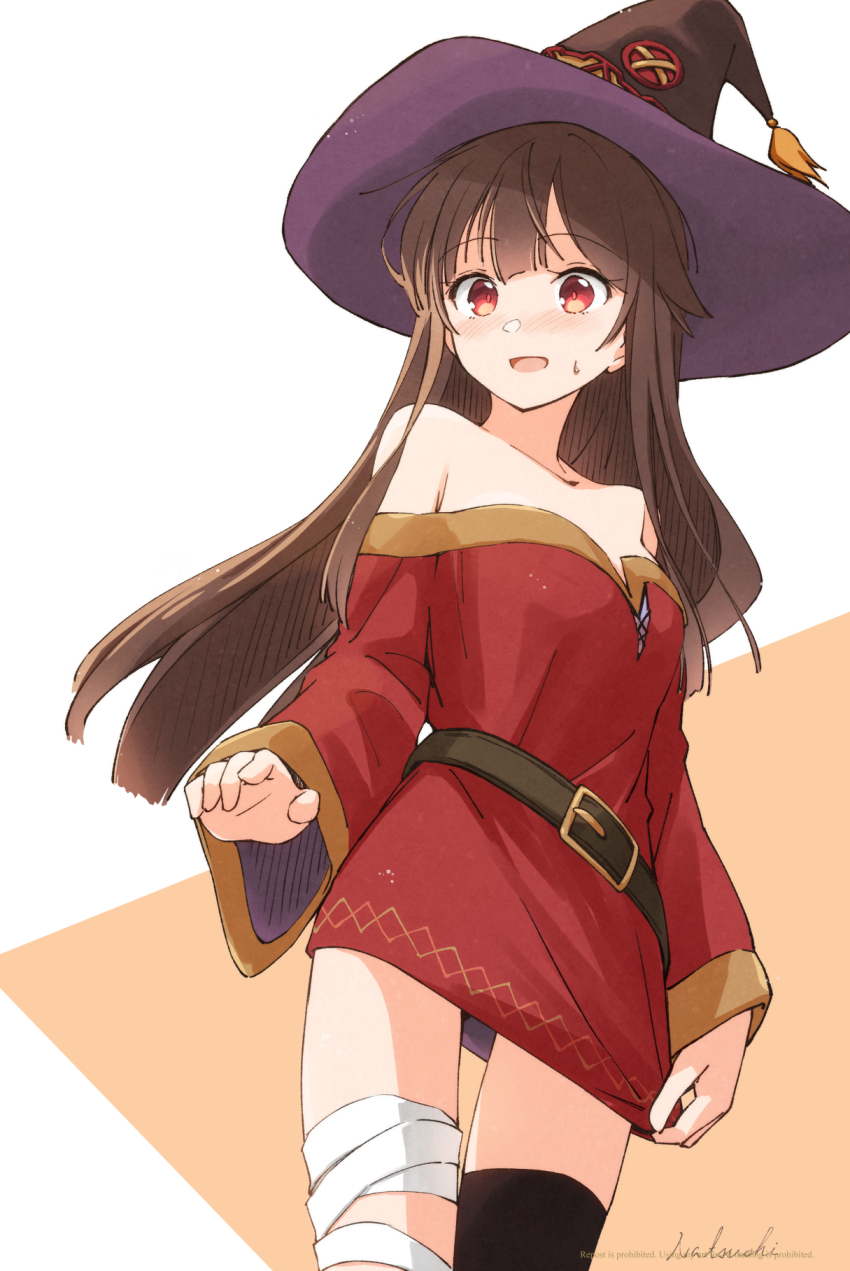 1girl, aged_up, alternate_breast_size_(larger), bandaged_leg, bandages, belt, black_thighhighs, breasts