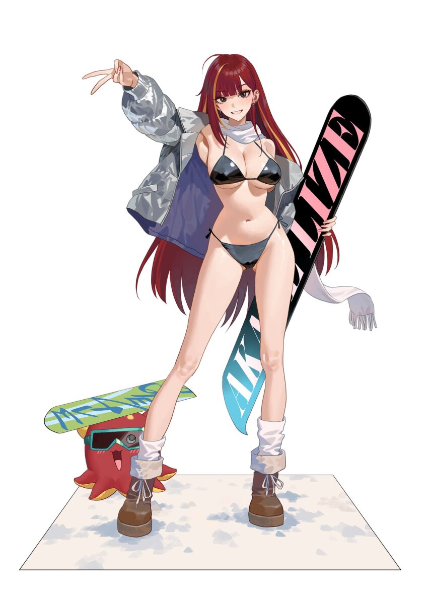 1girl, akane_lize, arm_up, bikini, black_bikini, black_eyes, blonde_hair, boots