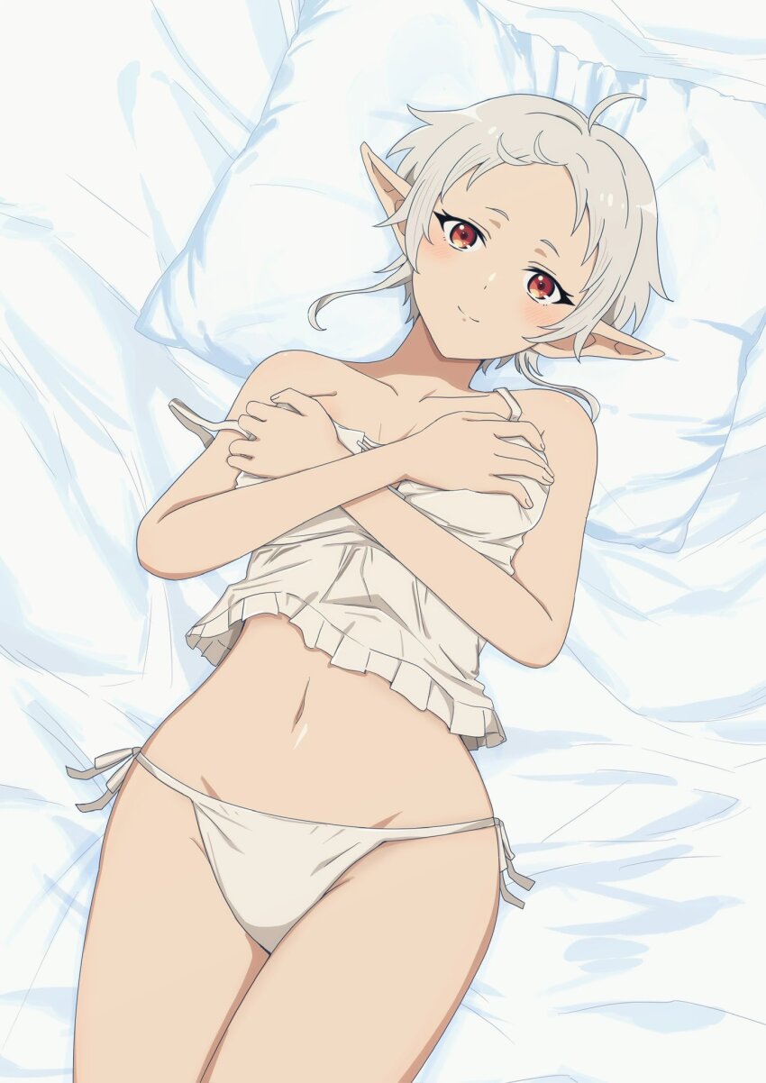 1girl, ahoge, anime_coloring, bed_sheet, blush, breasts, camisole, closed_mouth, collarbone, commentary_request, covering_breasts, covering_privates, cowboy_shot, elf, grey_hair, hands_on_own_chest, highres, light_smile, looking_at_viewer, lying, mushoku_tensei, navel, on_back, orange_eyes, panties, pillow, pointy_ears, short_hair, side-tie_panties, small_breasts, solo, strap_slip, string_panties, sylphiette_(mushoku_tensei), thighs, underwear, underwear_only, white_camisole, white_hair, white_panties, yaken_(11keionnota06)