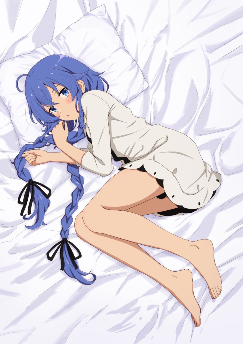 1girl, :o, ahoge, anime_coloring, barefoot, bed_sheet, black_ribbon, blue_eyes