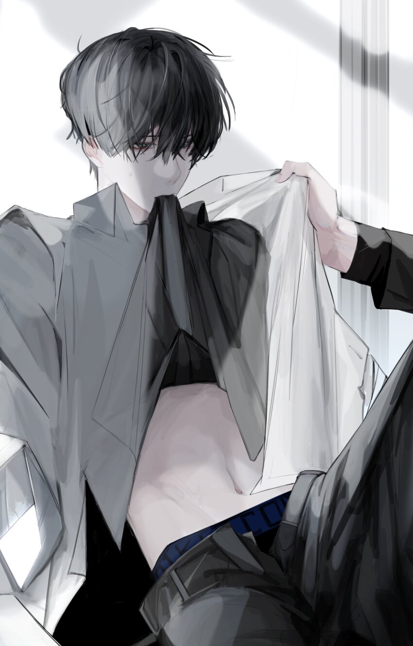 1boy, 1other, absurdres, belt, black_hair, black_shirt, clothes_in_mouth, coat