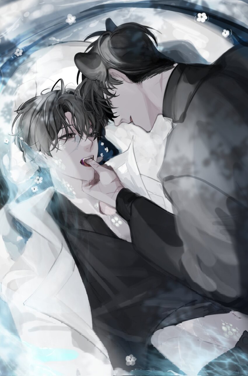 2boys, black_eyes, black_hair, black_shirt, coat, finger_in_another's_mouth, hayu_beck, highres