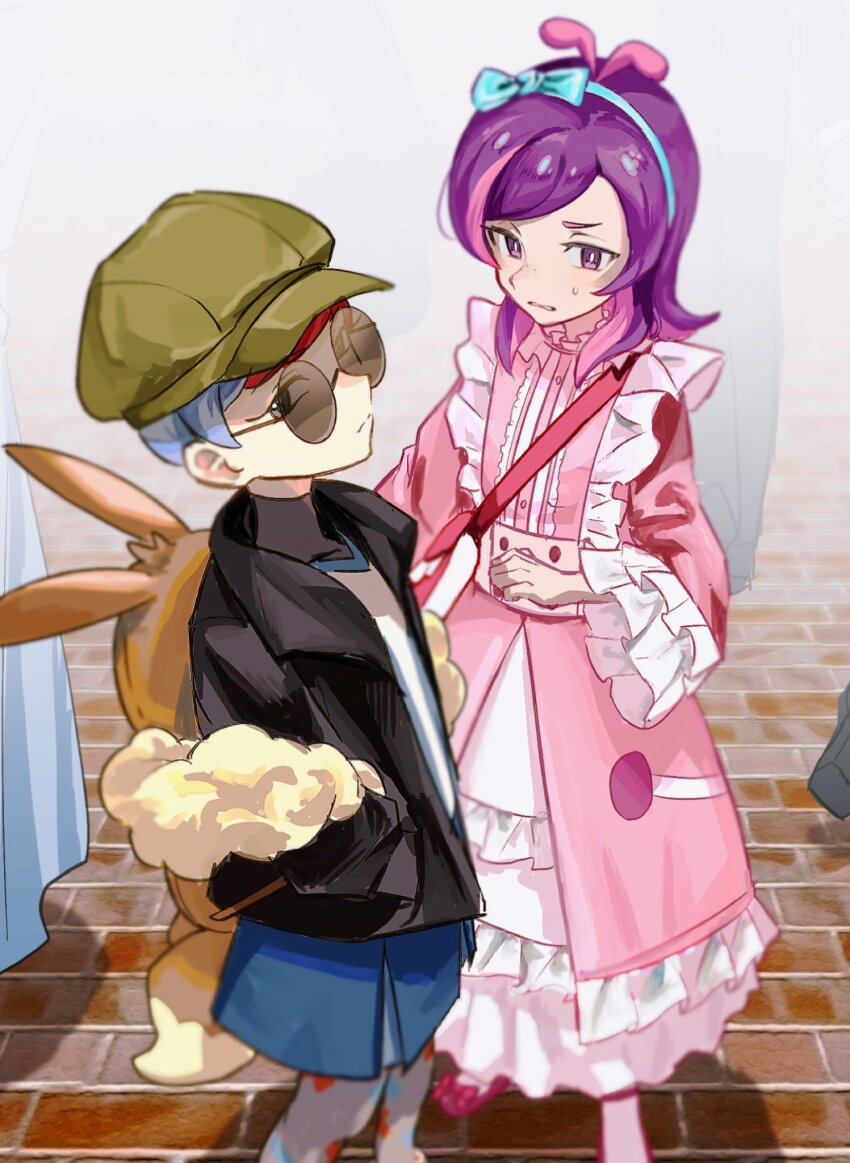 2girls, antenna_hair, backpack, bag, black_jacket, blue_skirt, blurry, bow_hairband