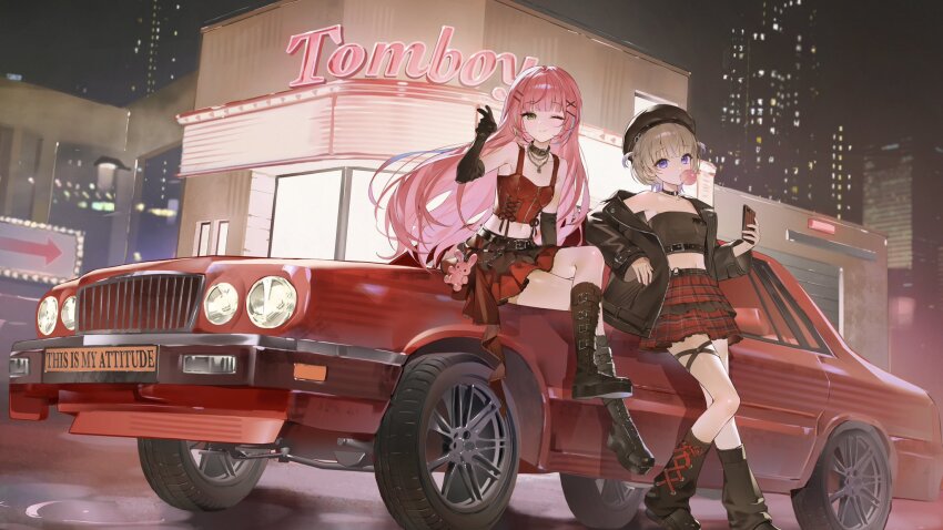 2girls, black_boots, black_gloves, black_leg_warmers, blonde_hair, blowing_bubble_gum, blue_hair, boots