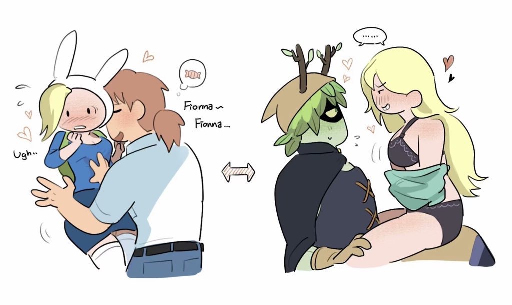 1boy, 1girl, adventure_time, adventure_time:_fionna_and_cake, animal_hood, backpack, bag, colored_sclera, colored_skin, cosplay, costume_switch, eye_mask, fionna_campbell, green_sclera, green_skin, hair_branch, hood, hunter_(adventure_time), huntress_wizard, huntress_wizard_(cosplay), idiot-mt, mask, plant_hair, rabbit_hood