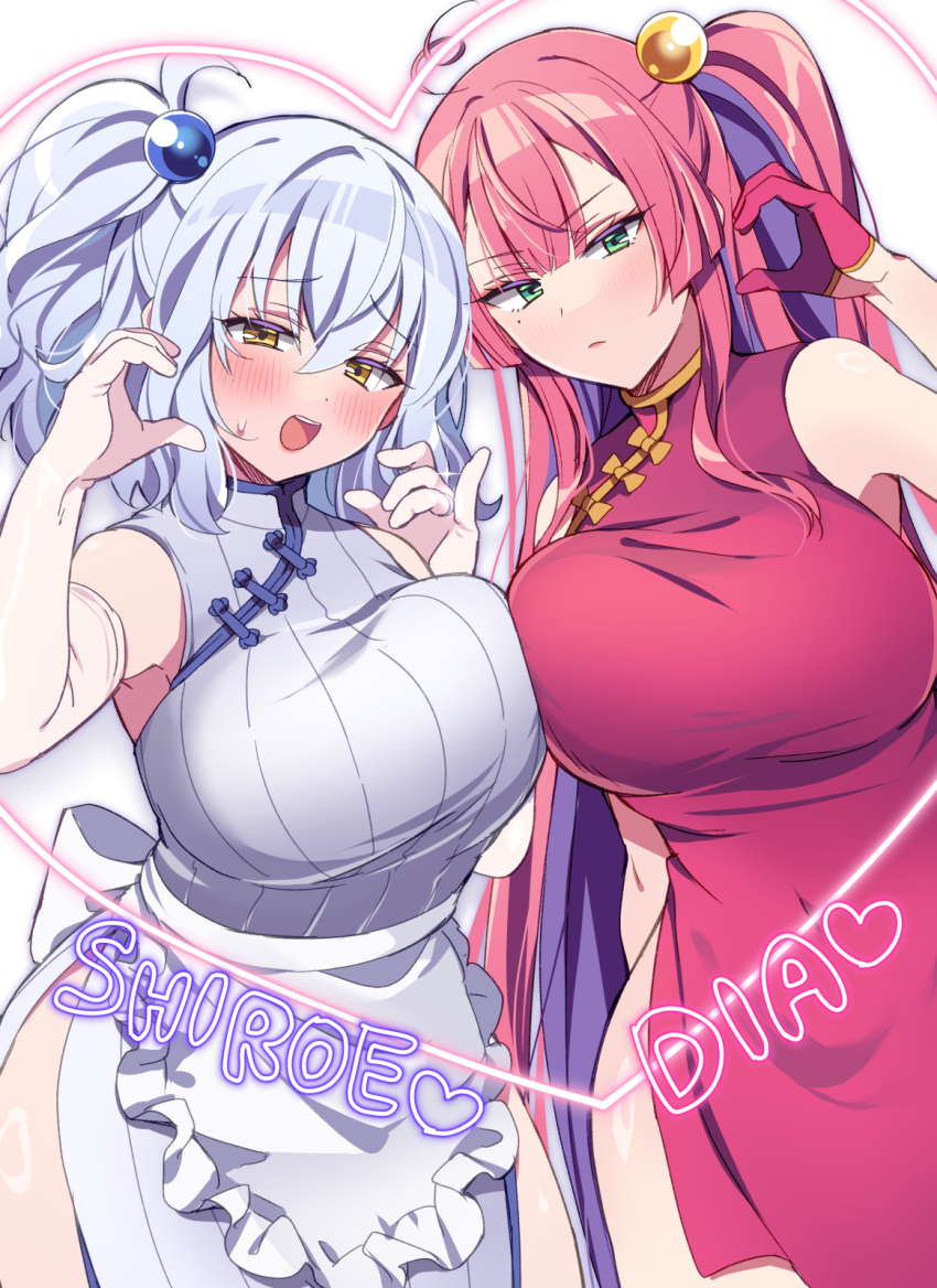 2girls, ahoge, apron, blunt_bangs, bombergirl, breasts, character_request, china_dress