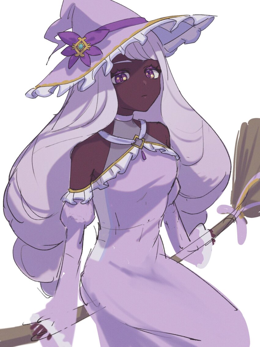 1girl, alternate_costume, bare_shoulders, broom, broom_riding, colored_eyelashes, dark-skinned_female, dark_skin, detached_sleeves, dress, expressionless, hat, hat_ornament, highres, jacinthe_(pokemon), long_hair, long_sleeves, looking_at_viewer, low_drills, nintendo, pokemon, pokemon_legends:_z-a, purple_dress, purple_eyes, purple_hair, purple_hat, saba_chimera, sitting, sleeves_past_wrists, very_dark_skin, wide_sleeves, witch, witch_hat