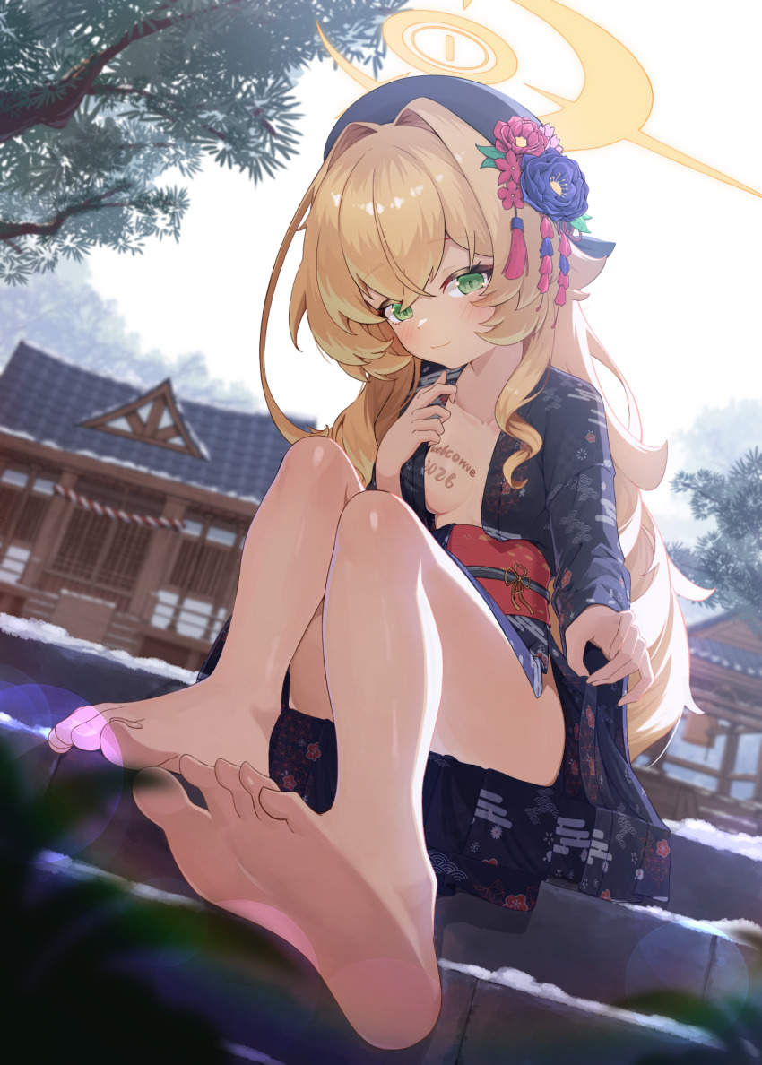 alternate_costume, architecture, barefoot, beret, blonde_hair, blue_archive, body_writing, east_asian_architecture