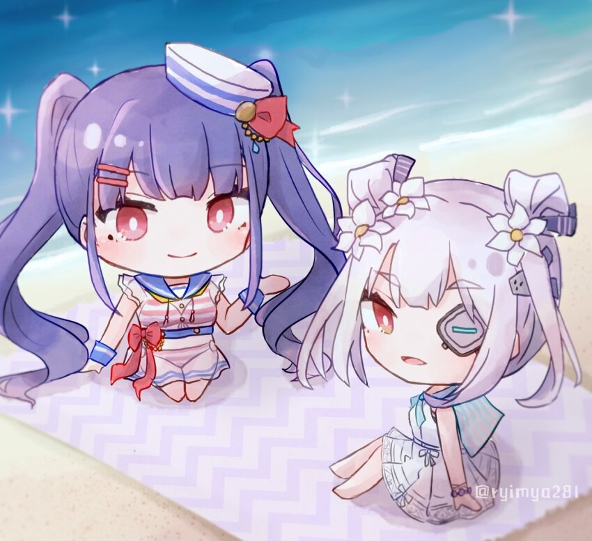 2girls, beach, beach_towel, bikini, blue_sailor_collar, bow, bracelet, chibi