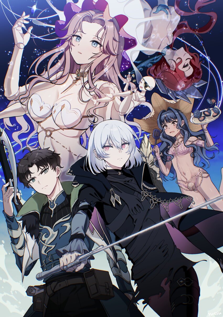 2boys, 3girls, absurdres, bella_(silver_and_blood), belt_pouch, bikini, black_hair, black_pants