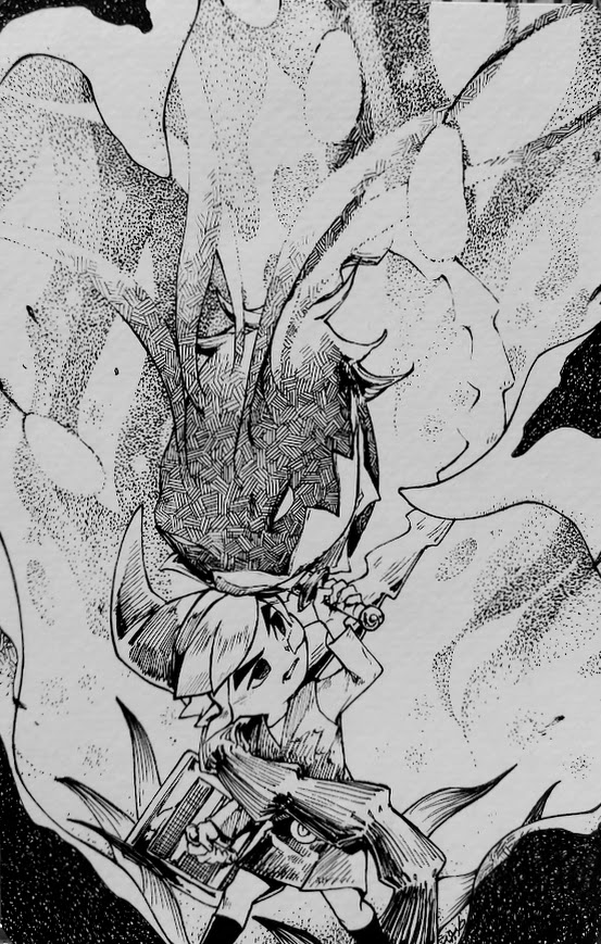 1boy, fighting, greyscale, hat, kalle_demos, kandori_makoto, link, monochrome, monster, nintendo, open_mouth, shield, sword, the_legend_of_zelda, the_legend_of_zelda:_the_wind_waker, toon_link, traditional_media, tunic, weapon