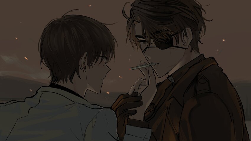 2boys, black_coat, black_eyes, black_gloves, black_hair, black_shirt, cigarette, coat