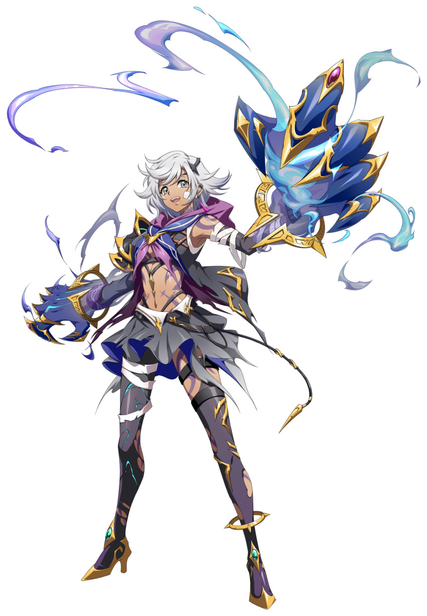 1girl, :d, absurdres, anklet, armor, asymmetrical_legwear, asymmetrical_sleeves, bandage_on_cheek