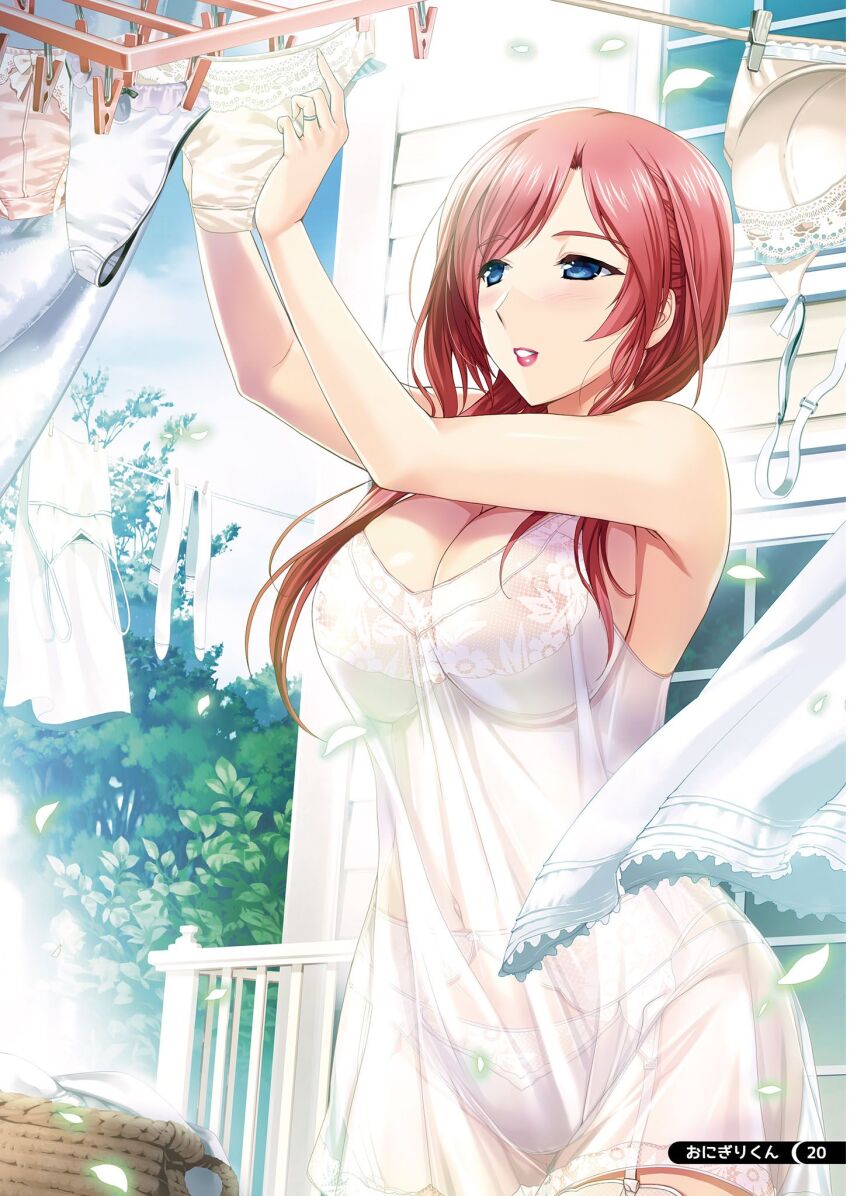 1girl, arima_shiori_(heartful_maman), bra, breasts, cleavage, clothesline, dress, hanging_from_clothesline, heartful_maman, highres, large_breasts, long_hair, official_art, onigirikun, outdoors, panties, red_hair, scan, see-through_clothes, see-through_dress, solo, underwear, white_bra, white_panties