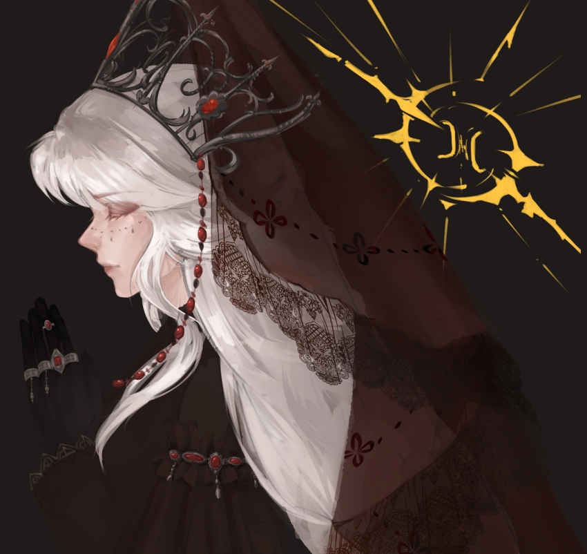 1girl, absurdres, behind_prayers_(infinity_nikki), black_background, black_dress, black_gloves, black_veil, chinese_commentary, closed_eyes, closed_mouth, commentary_request, crest, dress, duifangzhengzaishuru82069, eyeshadow, from_side, gloves, grey_eyeshadow, highres, infinity_nikki, jewelry, lace-trimmed_sleeves, lace-trimmed_veil, lace_trim, layered_sleeves, lips, long_hair, long_sidelocks, long_sleeves, makeup, multiple_rings, nikki_(series), official_alternate_color, pointy_nose, praying, procreate_(medium), ring, ring_on_every_finger, short_over_long_sleeves, short_sleeves, sidelocks, simple_background, solo, tiara, unfinished, upper_body, veil, wavy_hair, white_hair