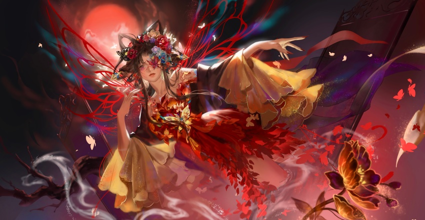 1girl, absurdres, bare_shoulders, black_flower, black_hair, black_robe, bow-shaped_hair, branch