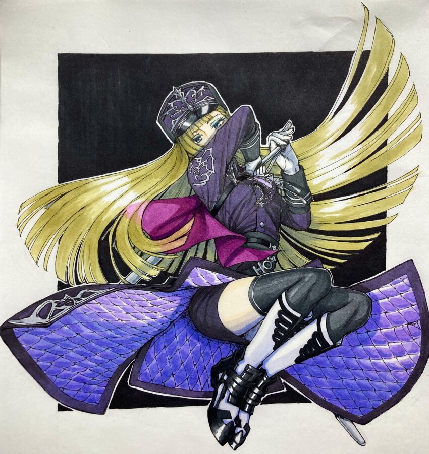 1girl, black_hat, black_thighhighs, blonde_hair, blue_eyes, blue_eyeshadow, boots, boutonniere, clarice_(rune_factory), eyeshadow, hat, highres, holding, holding_sword, holding_weapon, long_hair, looking_at_viewer, makeup, military_uniform, mitsumame22211, peaked_cap, rune_factory, rune_factory:_guardians_of_azuma, side_cape, sword, thighhighs, thighs, very_long_hair, weapon, white_boots, zettai_ryouiki