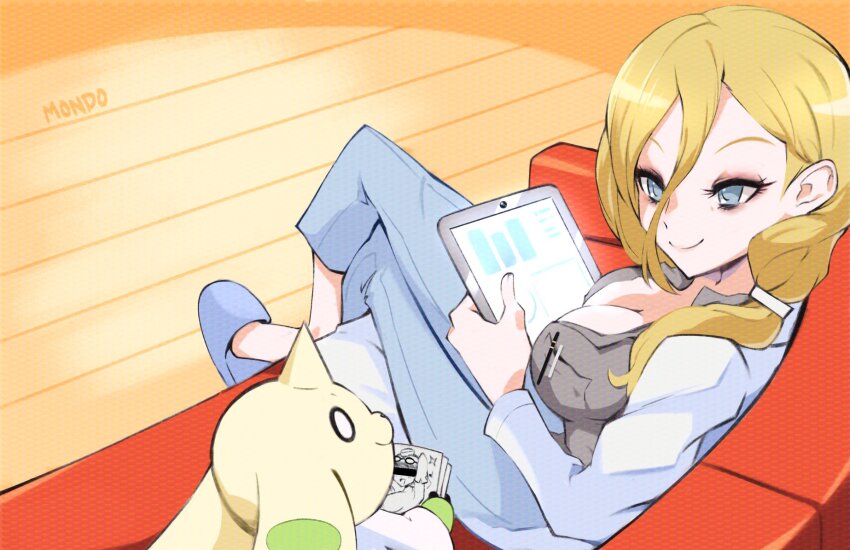 1girl, blonde_hair, blue_pants, breasts, coach, coat, crossed_legs, digimon