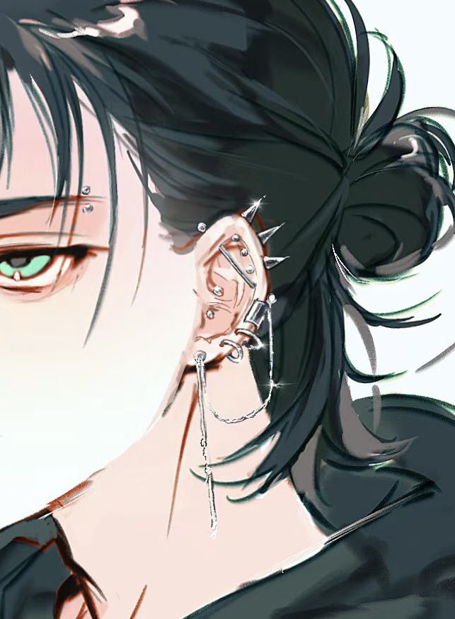1boy, barbell_piercing, black_hair, black_hoodie, daith_piercing, ear_chain, ear_piercing, earclip